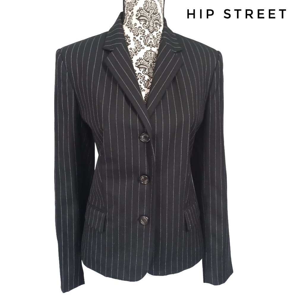 CHAPS Wool Black Pinstripe 3 Button Blazer Jacket 10